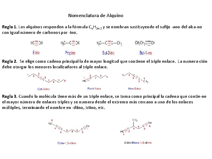 Nomenclatura de Alquino Regla 1. Los alquinos responden a la fórmula Cn. H 2