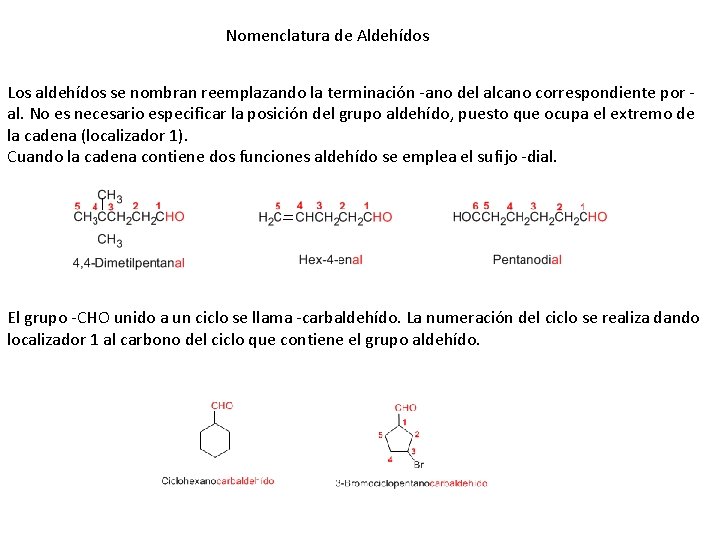 Nomenclatura de Aldehídos Los aldehídos se nombran reemplazando la terminación -ano del alcano correspondiente