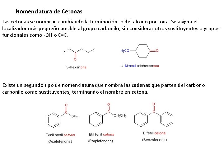 Nomenclatura de Cetonas Las cetonas se nombran cambiando la terminación -o del alcano por