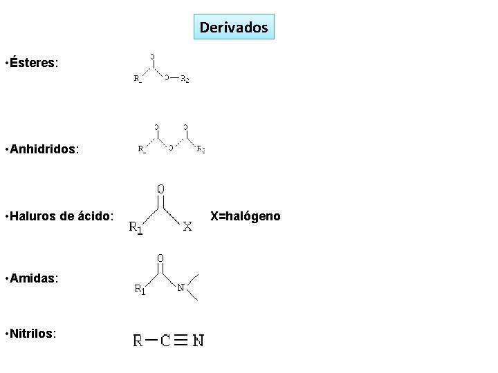 Derivados • Ésteres: • Anhidridos: • Haluros de ácido: X=halógeno • Amidas: • Nitrilos: