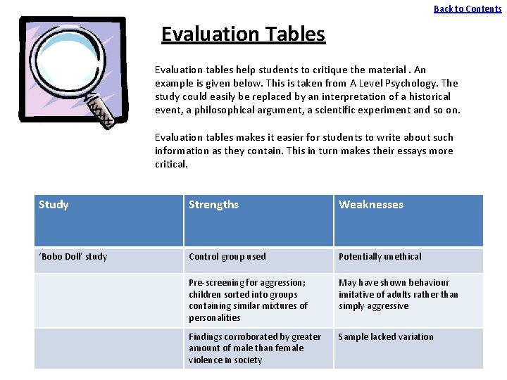 Back to Contents Evaluation Tables Evaluation tables help students to critique the material. An
