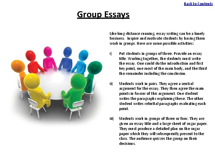 Back to Contents Group Essays Like long-distance running, essay writing can be a lonely