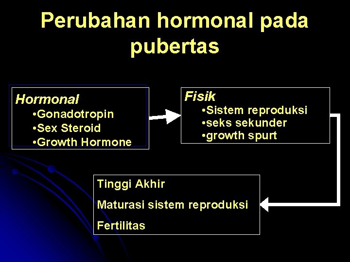 Perubahan hormonal pada pubertas Fisik Hormonal • Gonadotropin • Sex Steroid • Growth Hormone