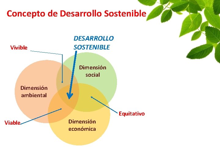 Concepto de Desarrollo Sostenible Vivible DESARROLLO SOSTENIBLE Dimensión social Dimensión ambiental Equitativo Viable Dimensión