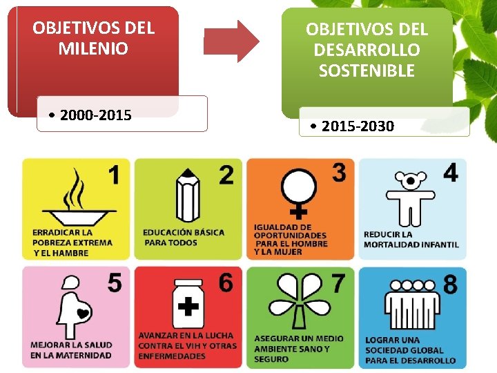 OBJETIVOS DEL MILENIO • 2000 -2015 OBJETIVOS DEL DESARROLLO SOSTENIBLE • 2015 -2030 