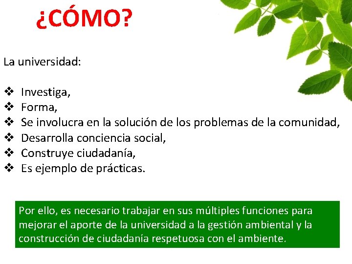 ¿CÓMO? La universidad: v v v Investiga, Forma, Se involucra en la solución de