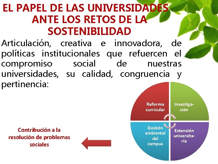 EL PAPEL DE LAS UNIVERSIDADES ANTE LOS RETOS DE LA SOSTENIBILIDAD Articulación, creativa e