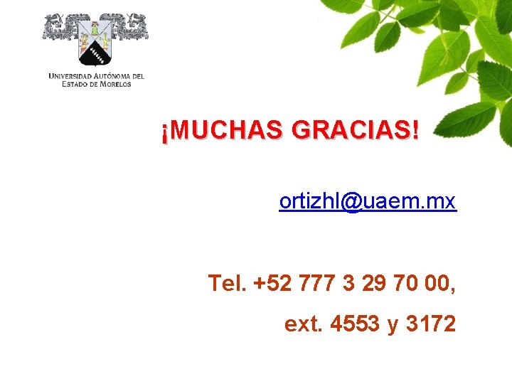 ¡MUCHAS GRACIAS! ortizhl@uaem. mx Tel. +52 777 3 29 70 00, ext. 4553 y