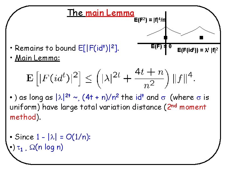 The main Lemma E(F 2) = |f|4/n • Remains to bound E[|F(idt)|2]. • Main