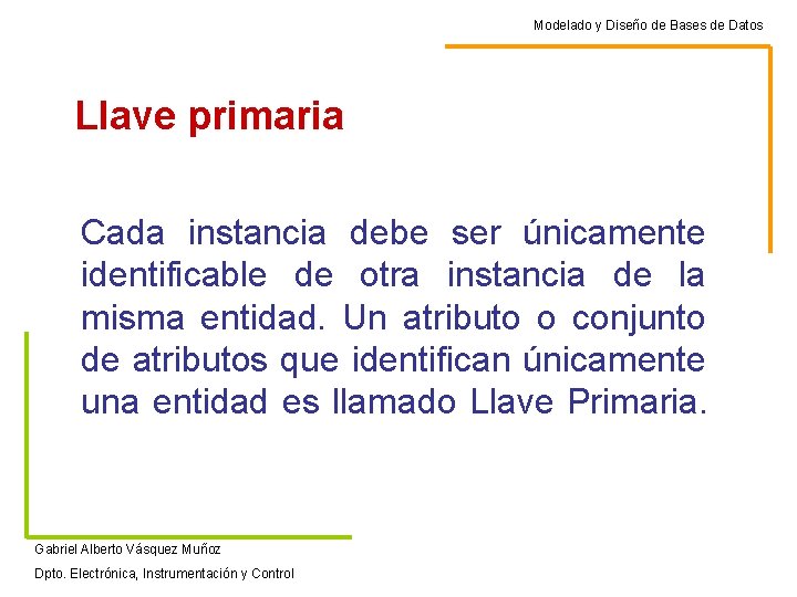 Modelado y Diseño de Bases de Datos Llave primaria Cada instancia debe ser únicamente