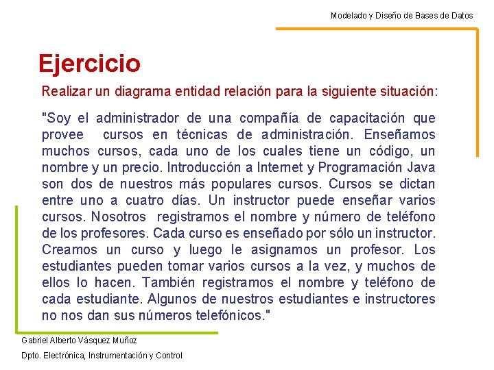 Modelado y Diseño de Bases de Datos Ejercicio Realizar un diagrama entidad relación para