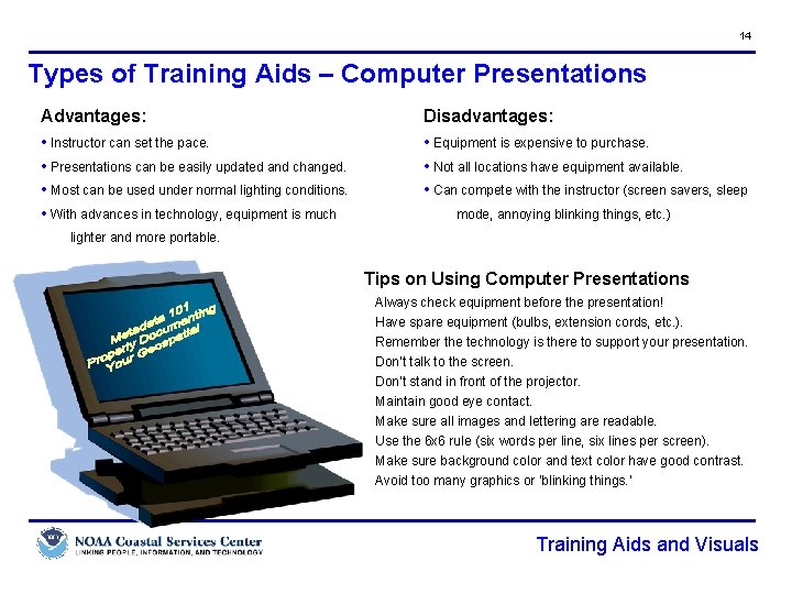 14 Types of Training Aids – Computer Presentations Advantages: • Instructor can set the