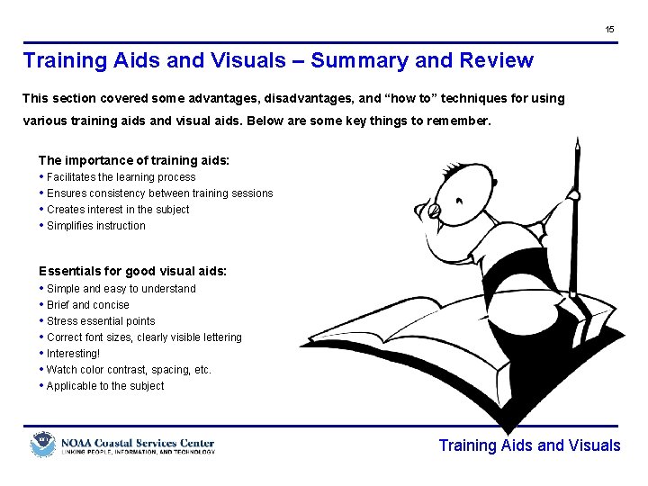 15 Training Aids and Visuals – Summary and Review This section covered some advantages,