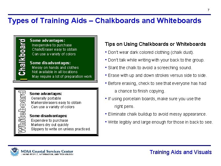 7 Types of Training Aids – Chalkboards and Whiteboards Some advantages: Inexpensive to purchase