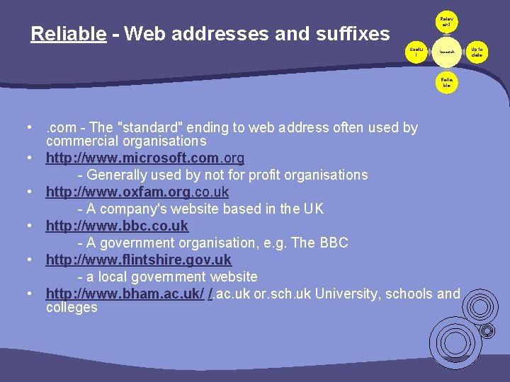 Relev ant Reliable - Web addresses and suffixes Usefu l Research Relia ble • Relev ant Reliable - Web addresses and suffixes Usefu l Research Relia ble •