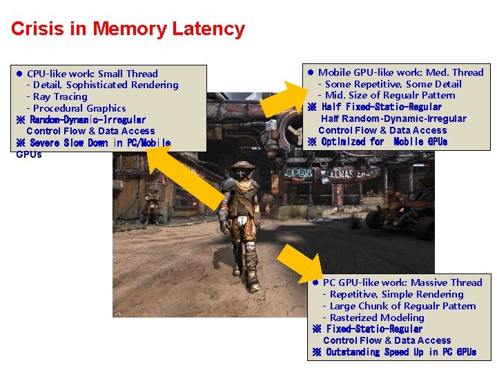 Crisis in Memory Latency l CPU-like work: Small Thread - Detail, Sophisticated Rendering -