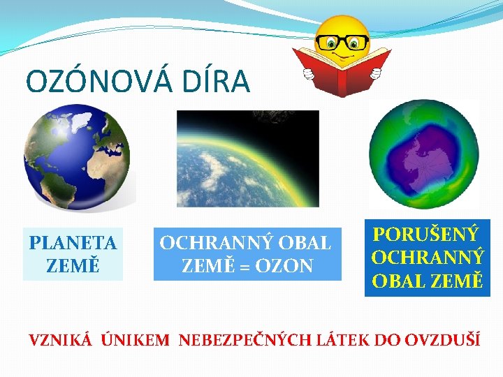 OZÓNOVÁ DÍRA PLANETA ZEMĚ OCHRANNÝ OBAL ZEMĚ = OZON PORUŠENÝ OCHRANNÝ OBAL ZEMĚ VZNIKÁ