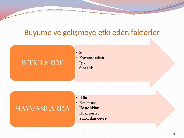 Büyüme ve gelişmeye etki eden faktörler BİTKİLERDE HAYVANLARDA • • Su Karbondioksit Işık Sıcaklık