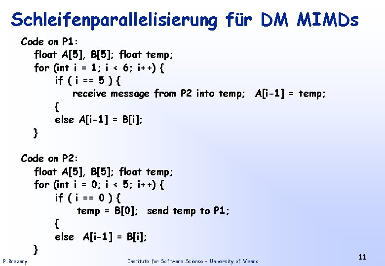 Schleifenparallelisierung für DM MIMDs Code on P 1: float A[5], B[5]; float temp; for