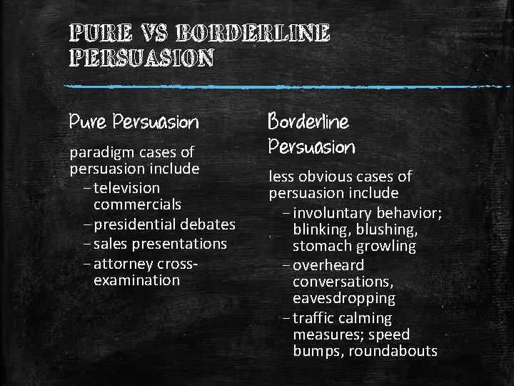 PURE VS BORDERLINE PERSUASION Pure Persuasion paradigm cases of persuasion include – television commercials