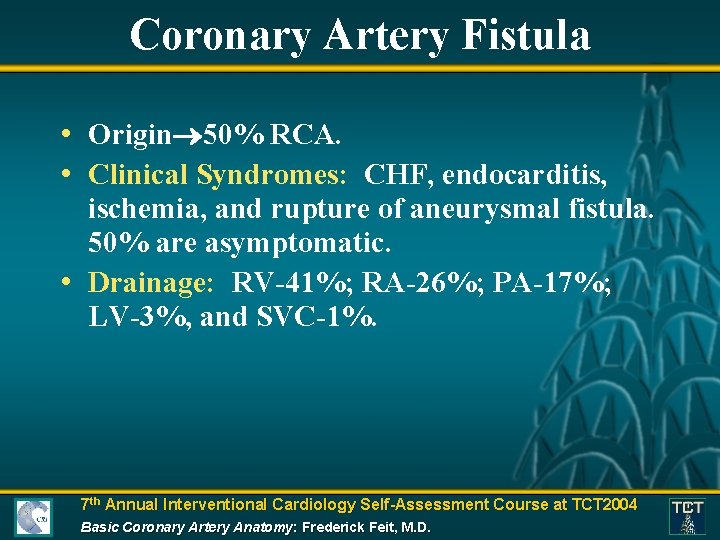 Coronary Artery Fistula • Origin 50% RCA. • Clinical Syndromes: CHF, endocarditis, ischemia, and