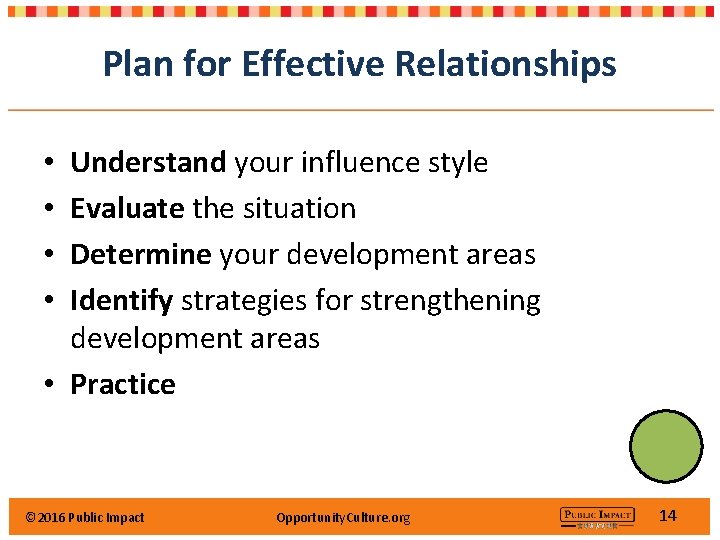 Plan for Effective Relationships Understand your influence style Evaluate the situation Determine your development