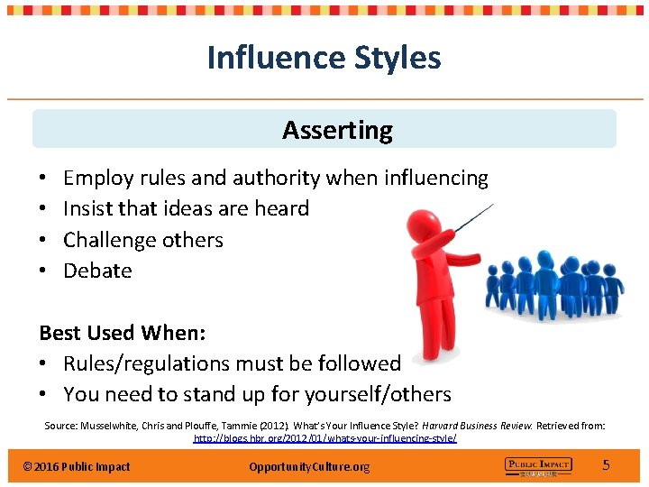 Influence Styles Asserting • • Employ rules and authority when influencing Insist that ideas