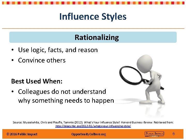 Influence Styles Rationalizing • Use logic, facts, and reason • Convince others Best Used