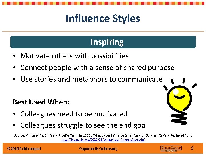 Influence Styles Inspiring • Motivate others with possibilities • Connect people with a sense