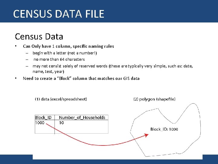 CENSUS DATA FILE Census Data • Can Only have 1 column, specific naming rules