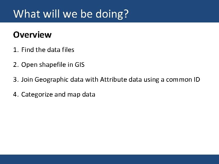 What will we be doing? Overview 1. Find the data files 2. Open shapefile
