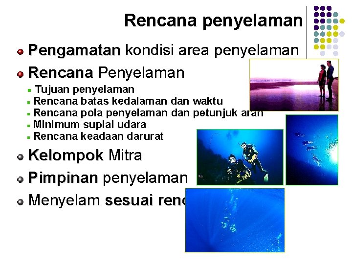 Rencana penyelaman Pengamatan kondisi area penyelaman Rencana Penyelaman Tujuan penyelaman Rencana batas kedalaman dan