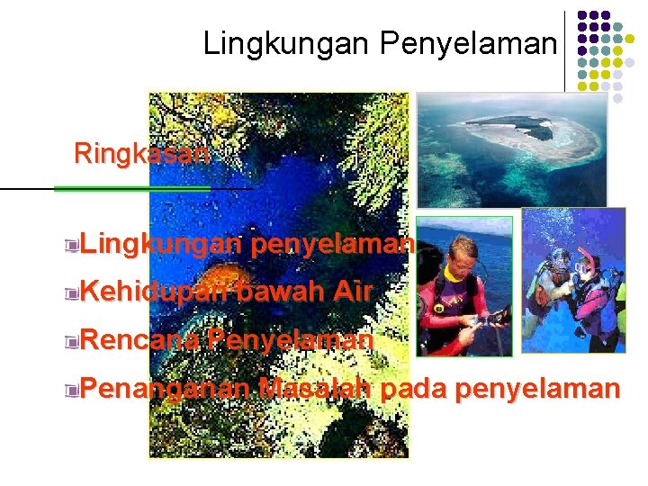 Lingkungan Penyelaman Ringkasan Lingkungan penyelaman Kehidupan bawah Air Rencana Penyelaman Penanganan Masalah pada penyelaman