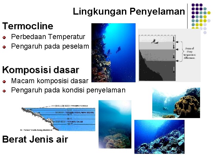 Lingkungan Penyelaman Termocline Perbedaan Temperatur Pengaruh pada peselam Komposisi dasar Macam komposisi dasar Pengaruh