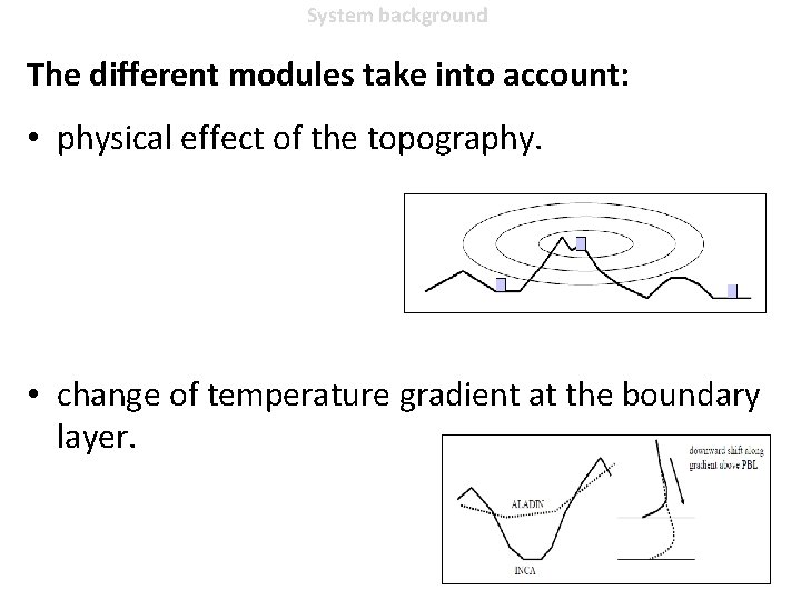 System background The different modules take into account: • physical effect of the topography.