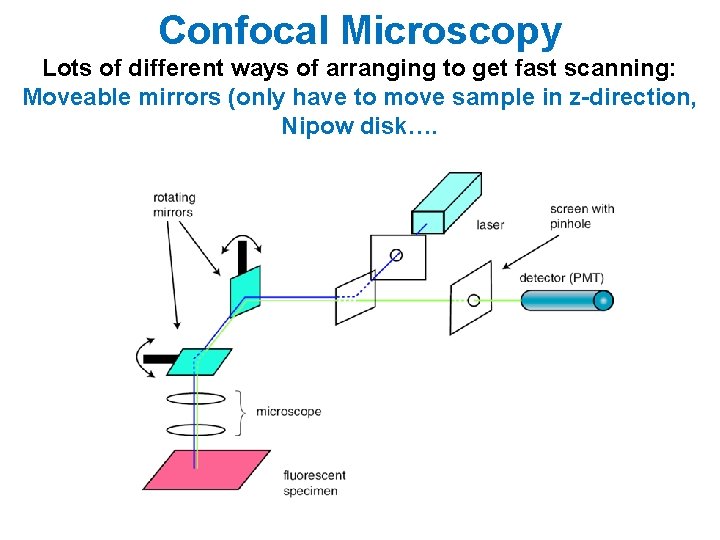 Confocal Microscopy Lots of different ways of arranging to get fast scanning: Moveable mirrors