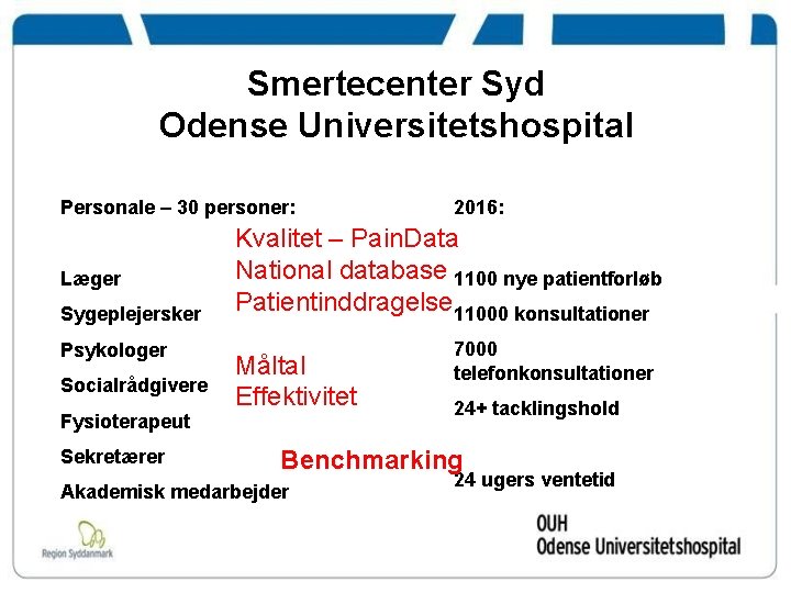 Smertecenter Syd Odense Universitetshospital Personale – 30 personer: Læger Sygeplejersker Psykologer Socialrådgivere Fysioterapeut Sekretærer