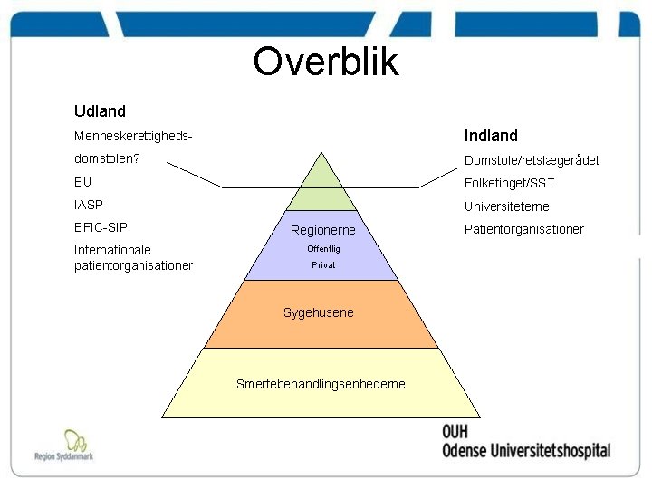 Overblik Udland Menneskerettigheds- Indland domstolen? Domstole/retslægerådet EU Folketinget/SST IASP Universiteterne EFIC-SIP Internationale patientorganisationer Regionerne