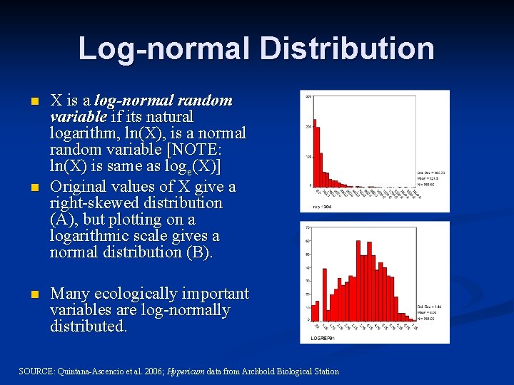 Log-normal Distribution n X is a log-normal random variable if its natural logarithm, ln(X),