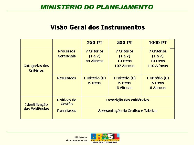 Visão Geral dos Instrumentos 250 PT 500 PT 1000 PT Processos Gerenciais 7 Critérios