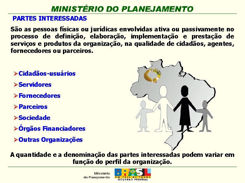 PARTES INTERESSADAS São as pessoas físicas ou jurídicas envolvidas ativa ou passivamente no processo