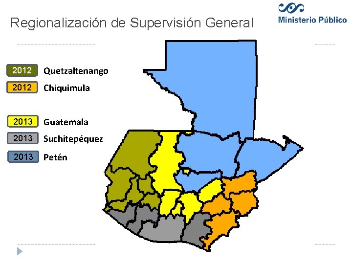 Regionalización de Supervisión General 2012 Quetzaltenango 2012 Chiquimula 2013 Guatemala 2013 Suchitepéquez 2013 Petén