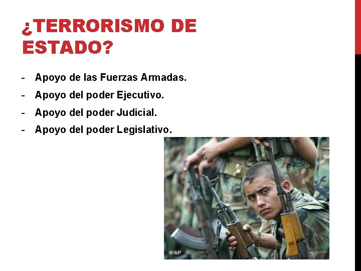 ¿TERRORISMO DE ESTADO? - Apoyo de las Fuerzas Armadas. - Apoyo del poder Ejecutivo.