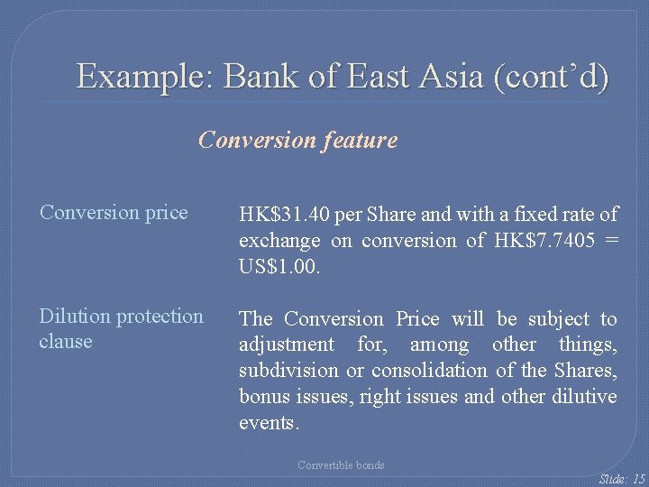 Example: Bank of East Asia (cont’d) Conversion feature Conversion price HK$31. 40 per Share