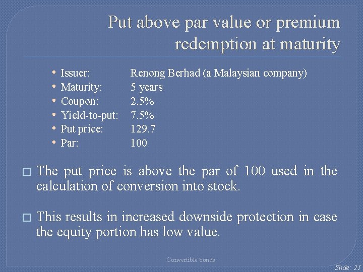 Put above par value or premium redemption at maturity • • • Issuer: Maturity: