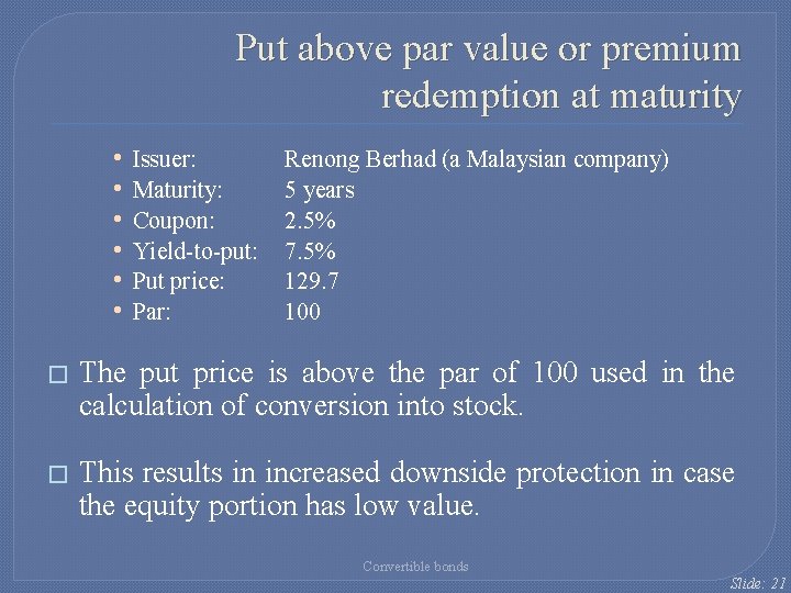 Put above par value or premium redemption at maturity • • • Issuer: Maturity: Put above par value or premium redemption at maturity • • • Issuer: Maturity: