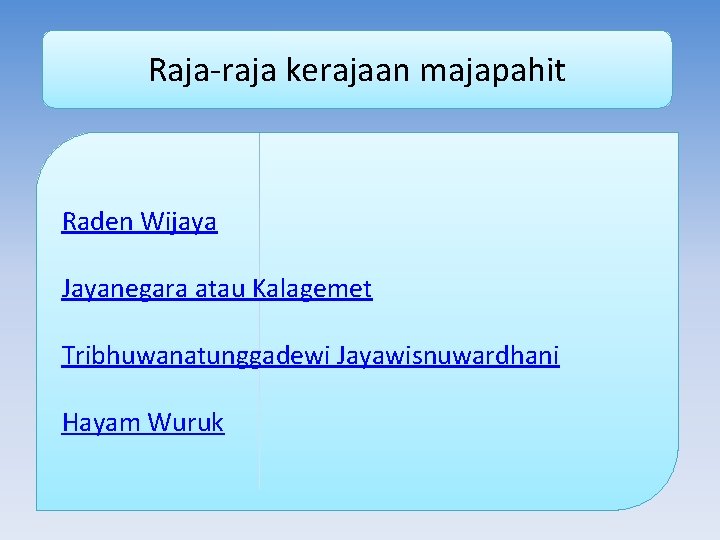 Raja-raja kerajaan majapahit Raden Wijaya Jayanegara atau Kalagemet Tribhuwanatunggadewi Jayawisnuwardhani Hayam Wuruk 