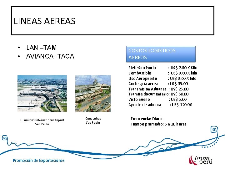 LINEAS AEREAS • LAN –TAM • AVIANCA- TACA COSTOS LOGISTICOS AEREOS Flete Sao Paulo