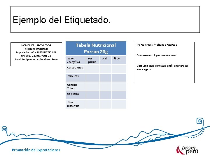 Ejemplo del Etiquetado. NOMBE DEL PROVEEDOR Aceituna preparada Importador: ABN INTERNATIONAL CNPJ: 09. 742.