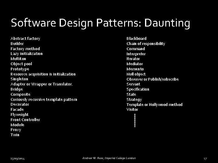 Software Design Patterns: Daunting Abstract factory Builder Factory method Lazy initialization Multiton Object pool